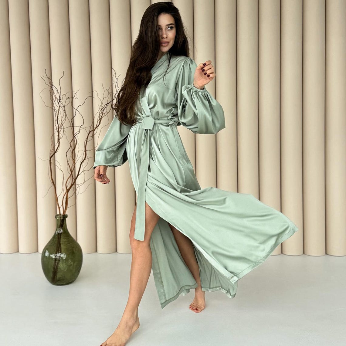 Elegant Black Silk Long Robe - Wide Sleeve Satin Gown - Perfect ...