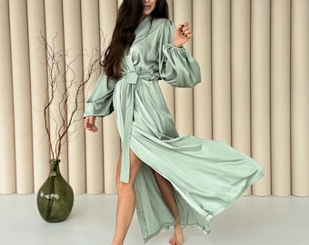 Elegant Mint Green Silk Bridal Robe - Wide Sleeve Satin Gown - Perfect Gift for Brides and Bridesmaids