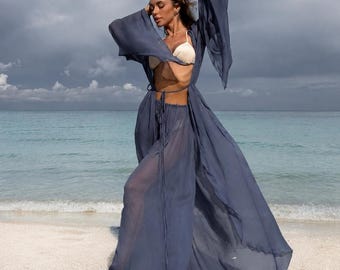 Blue Sheer Kimono Robe & Loose Fit Wide Leg Pants - Chic Boho Beach Outfit