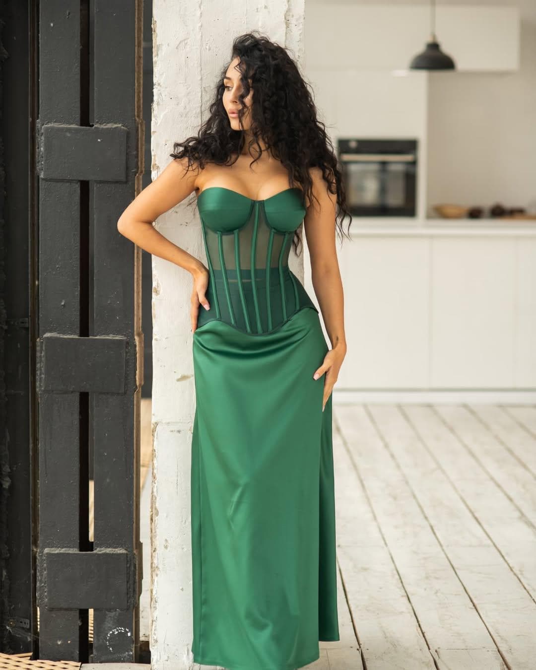 chinese dress ladies Ivy Green Linen Corset Dress