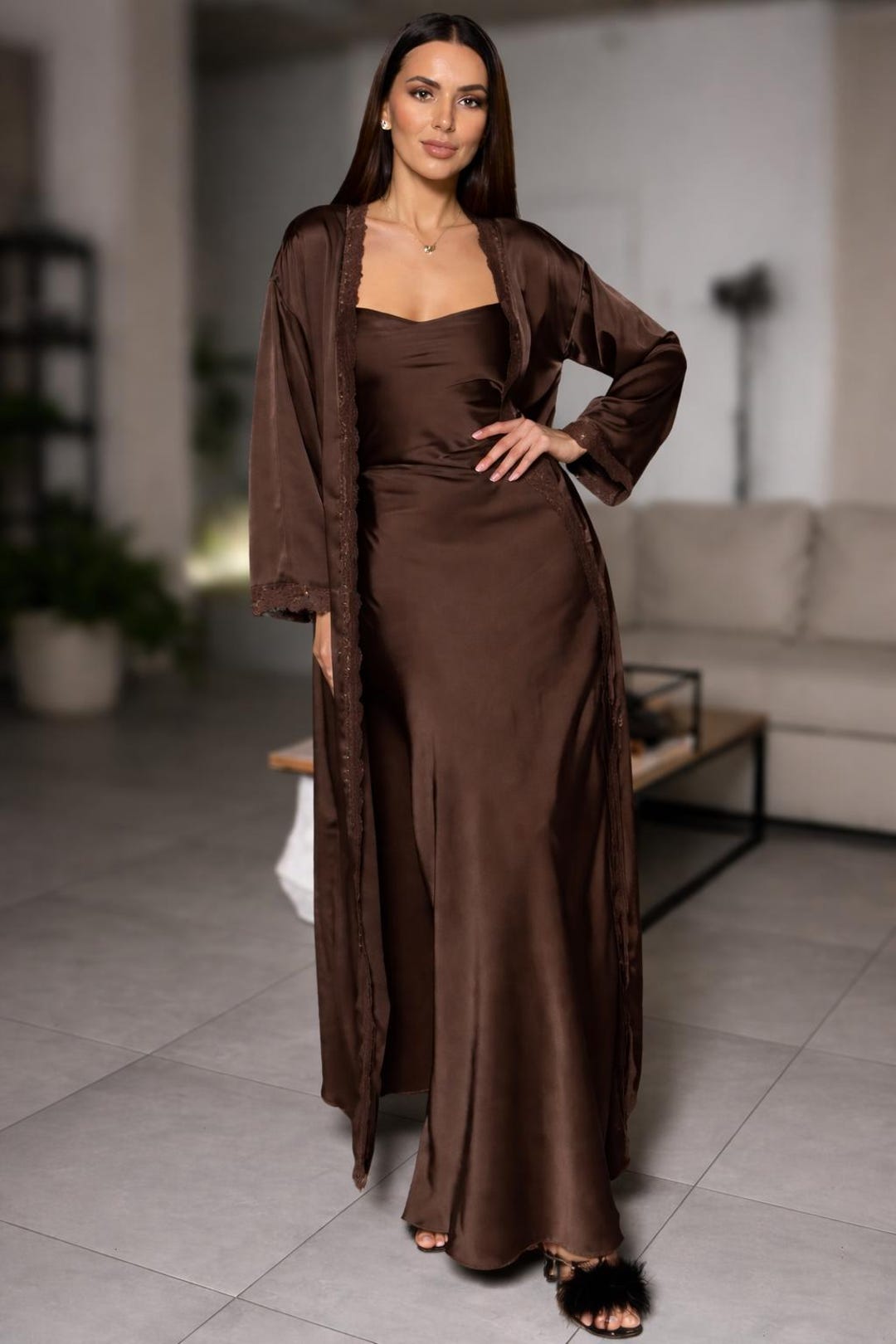Chocolate Long Robe and Nightgown Set - Elegant Lounge and Sleepwear ...