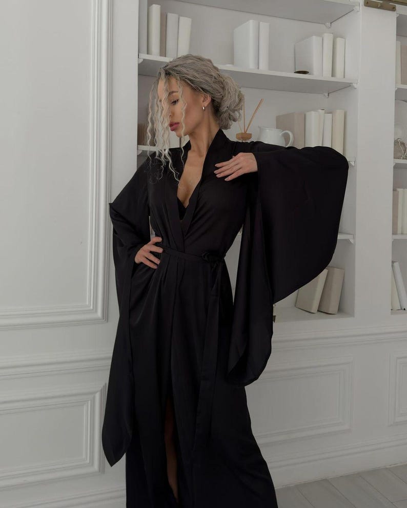 Black Silk Long Kimono Robe