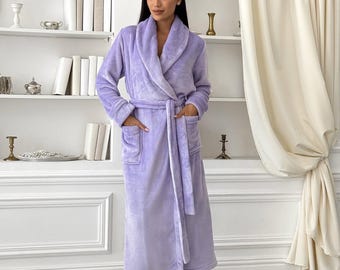Soft Purple Velour Robe - Long Warm Bathrobe for Her - Perfect Birthday Gift