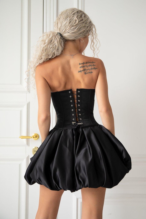 white christmas dresses Halterneck Lace-Up Bubble Hem Corset Micro Mini Dress in Black - 10 / Regular main image 0
