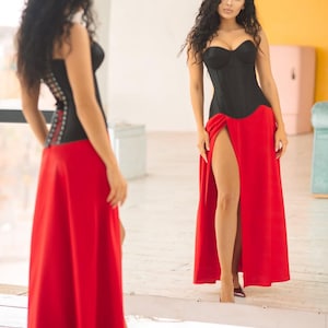 Black Corset with Red High Slit Skirt - Special Occasion Dress Ensemble - Two Piece Prom or Birthday Dress