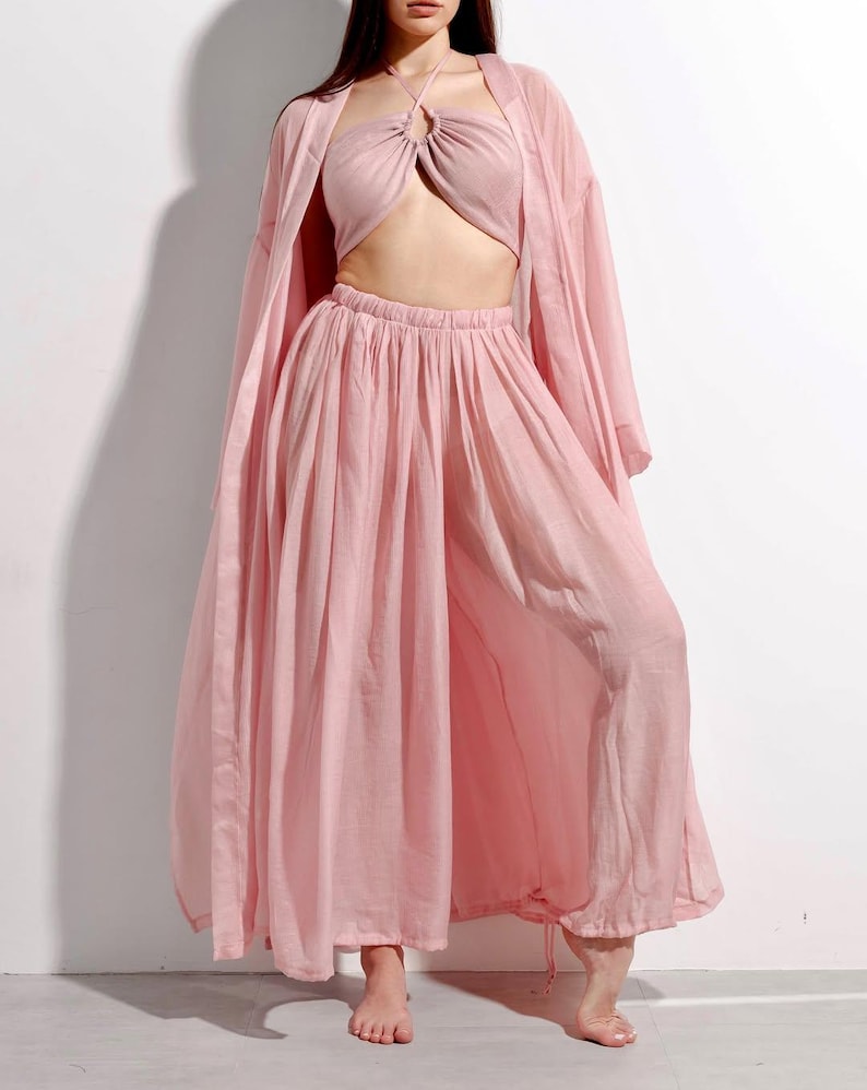 Summer Wide Leg Pants Set - White 3 Piece Beach Wedding Suit - Crop Top, Flowy Pants & Long Robe for Women image 8