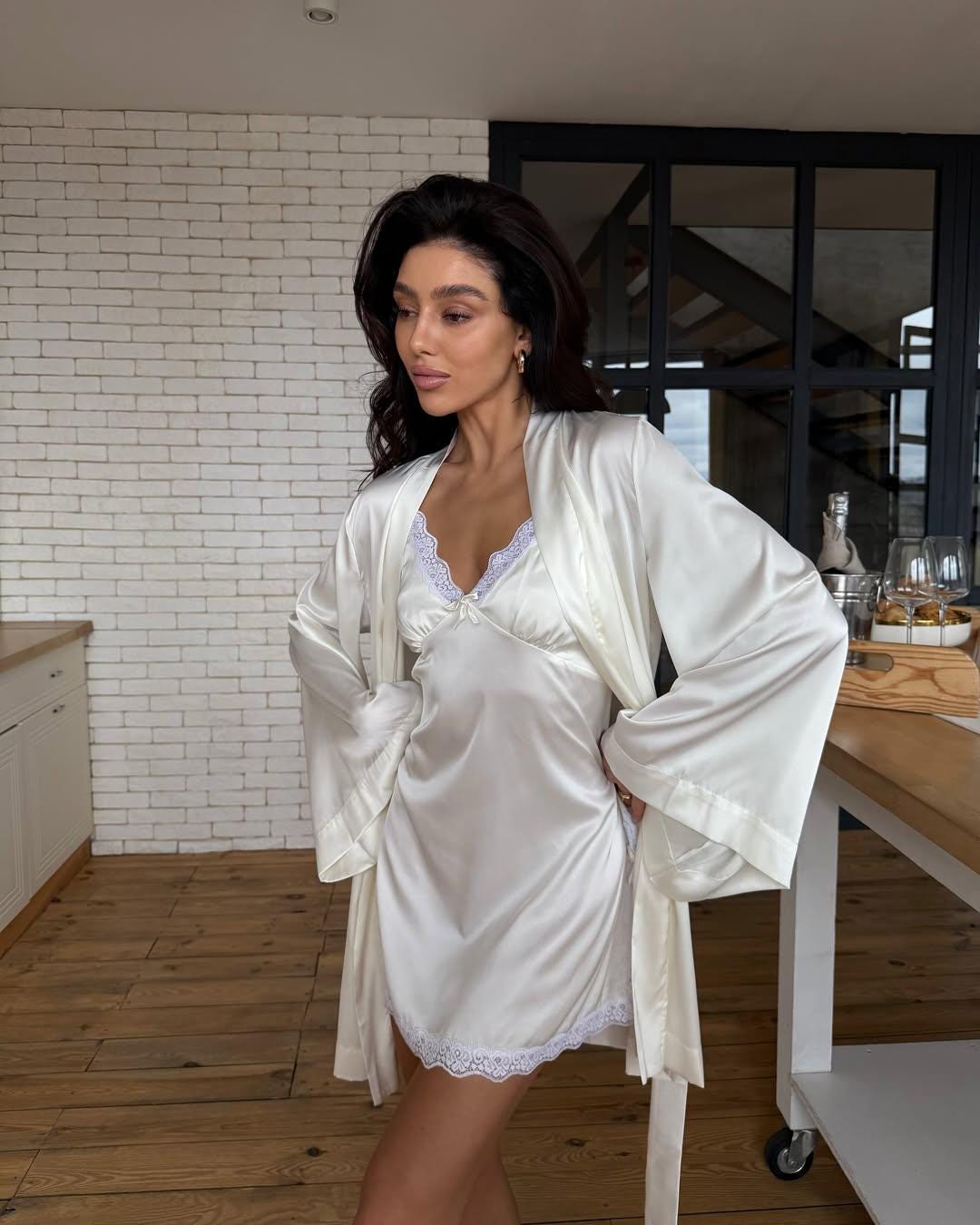 Ivory Bride Robe and Nightgown Set - Bride Robe and Nightie with Lace - Best Gift for Honeymoon