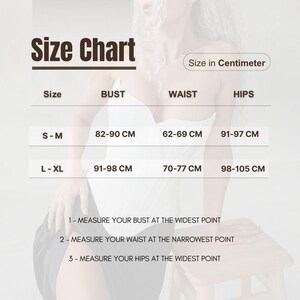 May include: Size chart with measurements in centimeters for bust, waist, and hips. Sizes include S-M and L-XL, with corresponding measurements. Instructions are provided for measuring bust, waist, and hips.