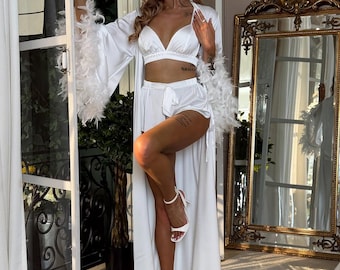 Luxurious White Feather Bridal Robe & Pajama Set - Bridal Long Robe with Detachable Feather Sleeves - Wedding Pajama Set
