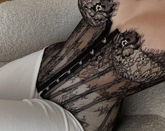 Black Lace Corset Top with Front Closures - Elegant Evening Women's Top - Perfect Bustier Top for Prom & Weddings