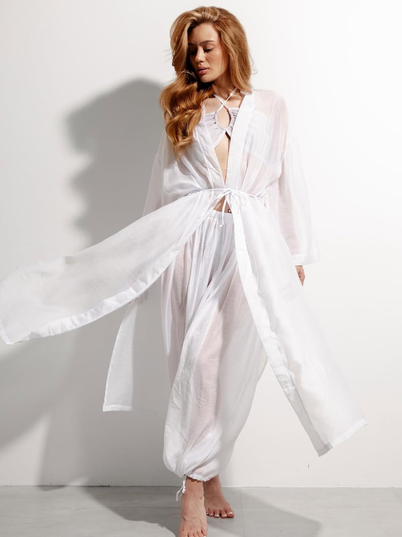 Summer Wide Leg Pants Set - White 3 Piece Beach Wedding Suit - Crop Top, Flowy Pants & Long Robe for Women image 2