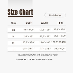 May include: A size chart with measurements in inches for bust, waist, and hips. Sizes range from XS to L. The chart includes instructions to measure the waist at the narrowest point and hips at the widest point.