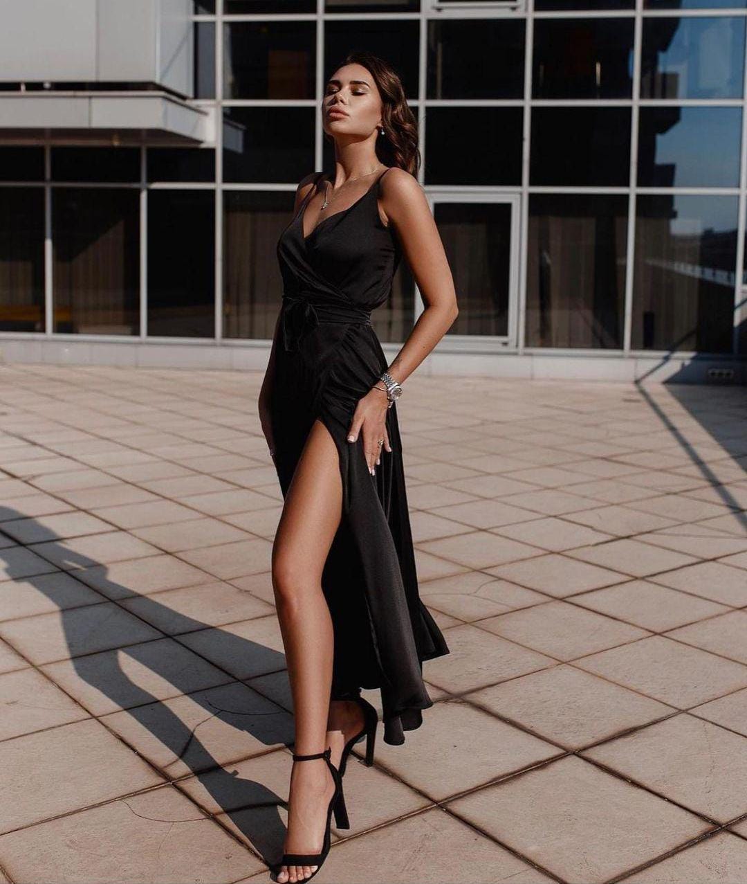 Fashion V-neck Silk Slit Party Maxi Dress main image 1