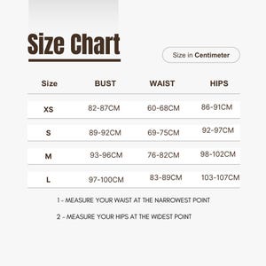 May include: A size chart with measurements in centimeters for bust, waist, and hips. Sizes range from XS to L. The chart includes instructions for measuring the waist and hips.