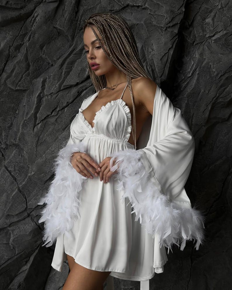 White Feather Robe Set - Bridesmaid Robes with Nightdress - Bride Nightgown and Robe with Detachable Feather Sleeves - Bridesmaid gift image 10