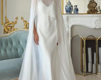 Elegant White Wedding Long Cape - Chiffon Bridal Shawll - 12 Colors Available