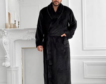 Stylish Black Velour Men's Robe - Warm Soft Bathrobe for Him - Perfect Birthday or Christmas Gift for Men