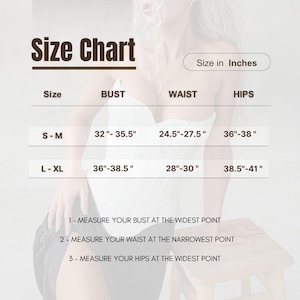 May include: A size chart with measurements in inches for bust, waist, and hips. Sizes include S-M and L-XL, with corresponding measurements. Instructions are provided for measuring bust, waist, and hips.