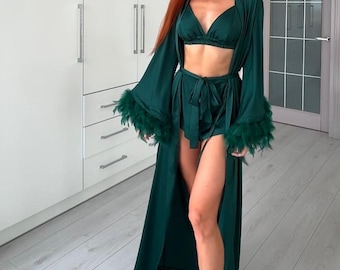 Emerald Green Feather Long Robe and Pajama Set - Bridal Party Loungewear - Bridesmaid Silk Robes and PJS Set - Bridesmaid Gift