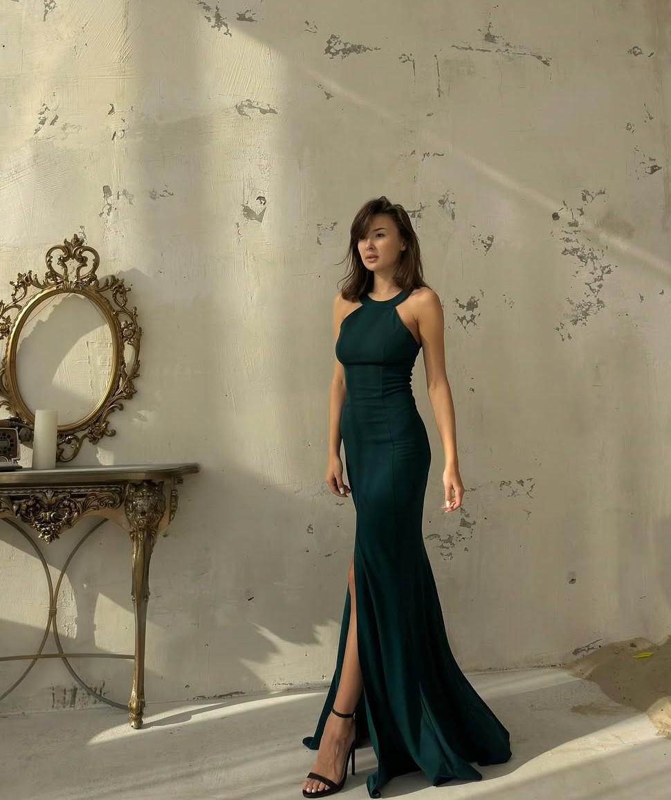 emerald green long dress with slit Emerald Green Velvet Slit Evening Gown