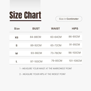 May include: Size chart for clothing in centimeters. The chart shows sizes XS, S, M, and L with corresponding bust, waist, and hip measurements.