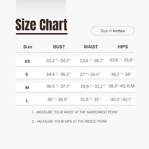 May include: A size chart with measurements in inches for bust, waist, and hips. Sizes range from XS to L. Instructions are provided for measuring the waist and hips.