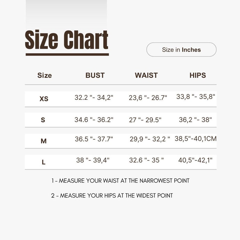 May include: A size chart with measurements in inches for bust, waist, and hips. Sizes range from XS to L. Instructions are provided for measuring the waist and hips.
