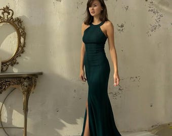 Emerald Green Long Dress with Hight Slit - Slit Evening Gown - Wedding Guest or Bridesmaid Maxi Dress