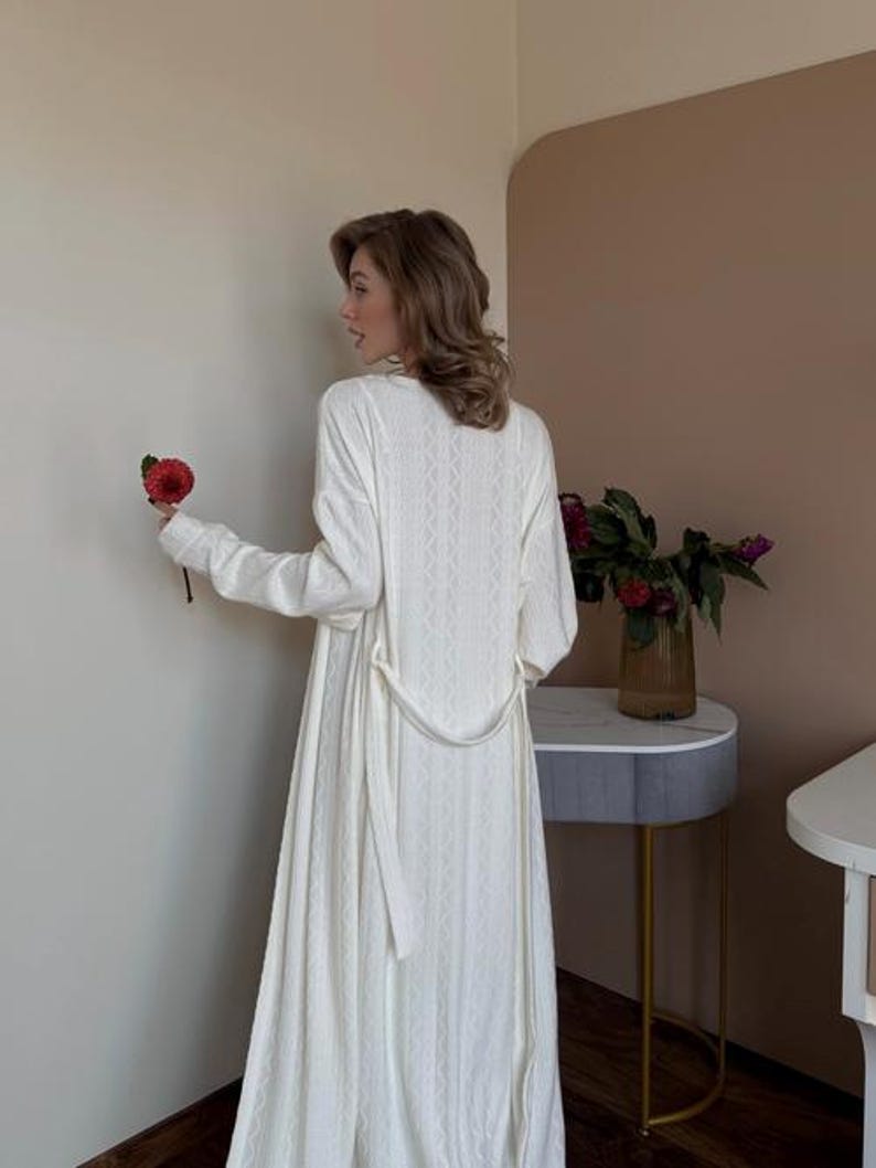 Elegant Long Bride Robe & Lace Nightgown Set - Knitwear Robe With Lace ...