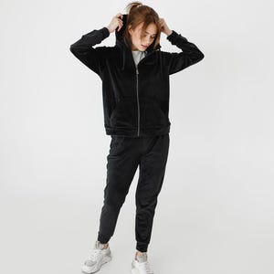Black Velour Women Tracksuit with Zip-Up - Zippered Hoodie with Hood and Cozy Pants with Pockets - Two Piece Set Available in 6 Colors