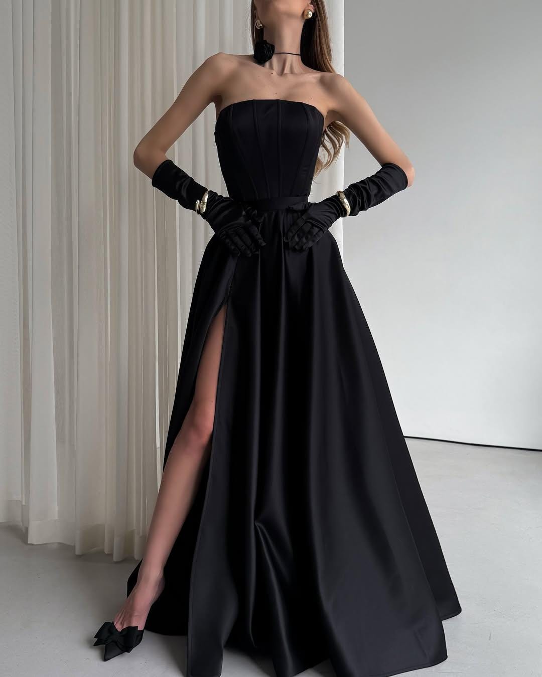 Elegant Long Black Corset Dress - Overbust Bustier & High Slit Long Skirt - Prom, Wedding Guest or Bridesmaid Dress