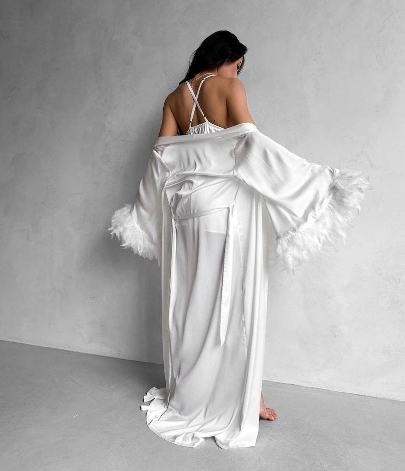 Feathery Robe Bride Long Robe With Feather Sleeves White Boudoir Robe and Nightgown ...