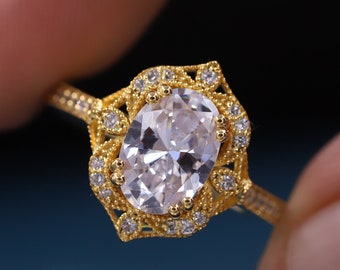 2.0 Ct Art Deco Wedding Ring, Vintage Style Cluster Engagement Ring, Milgrain Set Oval Diamond Ring, Dainity Wedding Ring, Anniversary Gift