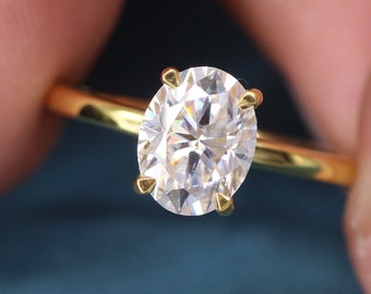 14K Solid Gold Simple Oval Solitaire Ring, 1.5 Ct Oval Moissanite Ring, Thin Band Oval Engagement Ring, Delicate Dainty Promise Ring For Her
