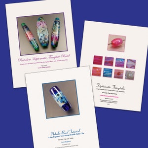 May include: Three glass bead making tutorials with images of the finished beads. The tutorials are titled "Rainbow Triptomatic Fairytale Bead", "Triptomatic Fairytales", and "Nebula Bead Tutorial".