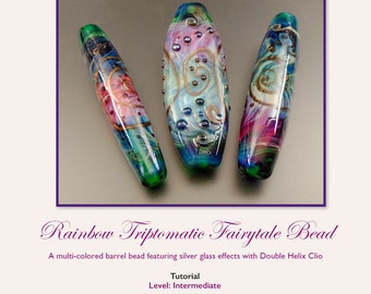 Tutorial Rainbow Triptomatic Fairytales: A multicolored barrel bead featuring silver glass effects with Double Helix Clio