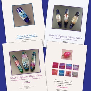 Peut inclure: Quatre tutoriels imprimables de fabrication de perles avec des perles de verre colorées. Les tutoriels sont intitulés "Nebula Bead Tutorial", "Periwinkle Triptomatic Fairytale Bead", "Rainbow Triptomatic Fairytale Bead" et "Triptomatic Fairytales".