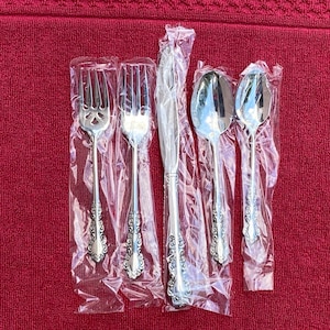 Op de afbeelding: Een set van vijf zilverkleurige roestvrijstalen bestekstukken, bestaande uit twee vorken, een mes en twee lepels. Elk afzonderlijk bestekstuk is voorzien van een sierlijk, in reliëf gemaakt handvatontwerp en zit in een doorzichtige plastic hoes.