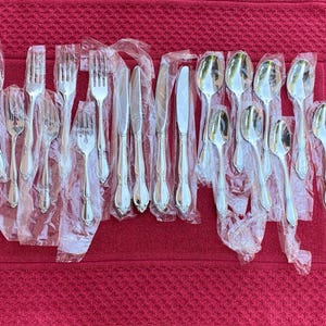 Peut inclure: Une collection de vingt et un couverts en acier inoxydable argenté, comprenant des fourchettes, des couteaux et des cuillères. Chaque ustensile est emballé individuellement dans un sachet en plastique transparent, disposé en rangée.
