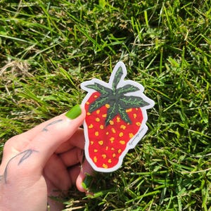 May include: A red and yellow strawberry sticker with green leaves and a white outline. The sticker has the text "Strawberry Pie" written on it.