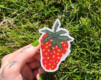 May include: A red and yellow strawberry sticker with green leaves and a white outline. The sticker has the text "Strawberry Pie" written on it.