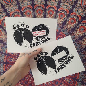 Fortune Cookie &quot;Good Fortune&quot; Linocut Print – Hand Printed | 5x7 | Blank Fortune or Surprise Fortune