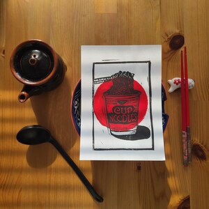 Ramen Cup Noodles Mixed Media Print – Acrylic & Linocut | 5x7 | Hand Printed