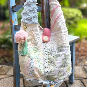 Upcycled Bag from Vintage Fabric & Textiles - OOAK Recycled Quilt Patchwork Feedsack Slouchy Purse Tote Barkcloth Boho Hobo