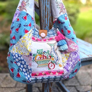 Upcycled Embroidered Fruit Basket Tablecloth Dishtowel Hobo Bag from Vintage Fabric & Textiles - OOAK Recycled Patchwork Slouchy Purse Tote