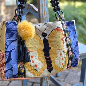 Upcycled Butterfly Bag from Vintage Fabric & Textiles - OOAK Boho Recycled Patchwork Purse Tote Embroidery Needlepoint Lots of Pockets!