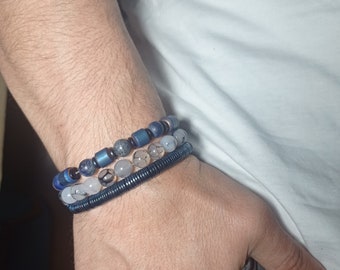 Set of 3 natural stone bracelets: lapis lazuli, agate, and hematite-Adjustable,Handcrafted Jewelry.