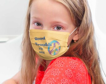 Good Trouble In The Making Kids Mask Tie Dye Peace Symbol Orange Background John Lewis Quote Social Justice Kid Masks Back To School