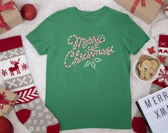 Adult Christmas Short Sleeve, FREE Shipping Candy Cane MERRY CHRISTMAS, Christmas Tees, Family Tee Shirts, Holiday Shirt