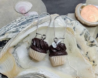 Miniature muffin earrings, chocolate banana muffins, handmade polymer clay jewelry, miniature food jewelry